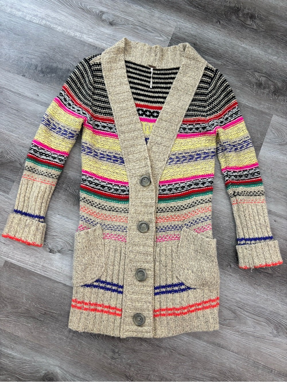 Free People Wool Cardigan Multicolor Striped Button-Up Cardigan Sweater Small - Picture 2 of 5